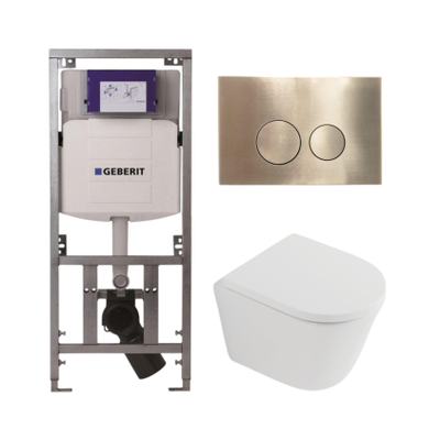 QeramiQ Dely Toiletset - 36.3x51.7cm - diepspoel - rimless - Geberit UP320 inbouwreservoir - softclose toilet zitting 35 mm - geborsteld messing bedieningsplaat - ronde knoppen - mat wit