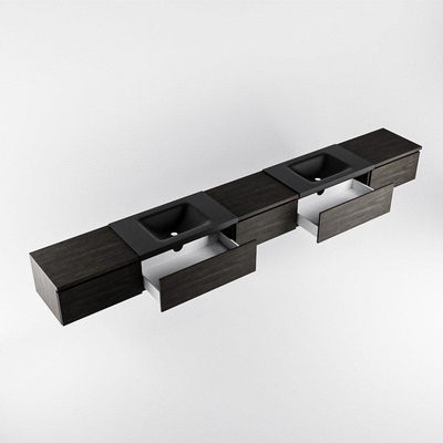 MONDIAZ BUKLA 340cm badmeubel met module 60 kleur Dark Brown met 5 lades. Wastafel CLOUD dubbel 2 kraangaten kleur Urban.