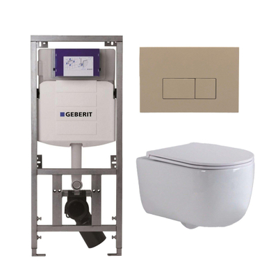 QeramiQ Dely Swirl Toiletset - 36.3x51.7cm - Geberit UP320 Burda inbouwreservoir - slimzitting - bedieningsplaat taupe - rechthoekige knoppen - wit mat