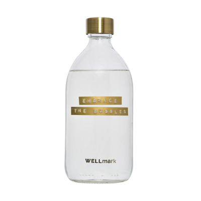 Wellmark Badzeep helder glas messing dop fles 500ml tekst EMBRACE THE BUBBLES