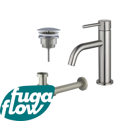 FugaFlow Eccelente Sobrado Badkamer Slim Wastafelkraanset - lage wastafelkraan - always open plug - verlaagde design sifon - PVD Geborsteld RVS