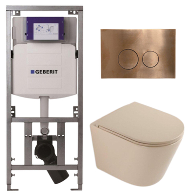 QeramiQ Dely Toiletset - 36.3x51.7cm - diepspoel - rimless - Geberit UP320 inbouwreservoir - softclose toilet zitting - koperen bedieningsplaat - ronde knoppen - mat beige