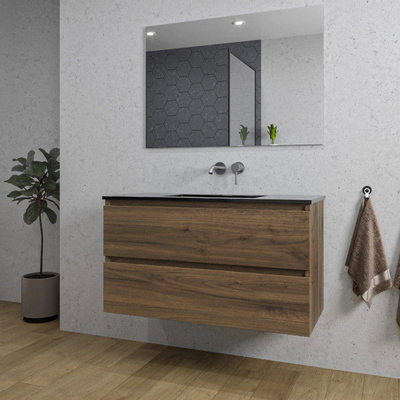 Adema Chaci Badkamermeubelset - 100x46x57cm - 1 keramische wasbak zwart - zonder kraangaten - 2 lades - noten (hout)