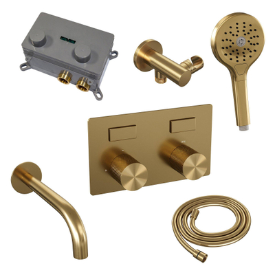 BRAUER Gold Carving thermostatische inbouw badkraan - drukknoppen SET 04 - uitloop - 3 standen handdouche - doucheslang - wandaansluitbocht - goud geborsteld PVD