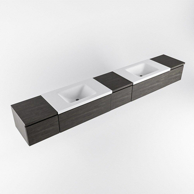 MONDIAZ BUKLA 280cm badmeubel met module 40 kleur Dark Brown met 5 lades. Wastafel CLOUD dubbel 2 kraangaten kleur Talc.