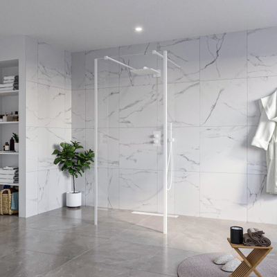 Fortifura Galeria Vrijstaande Inloopdouche - 90x200cm - Helder - antikalk - 8mm veiligheidsglas - 2 zijwanden 30cm - wandsteunen en hoekprofielen - Wit mat