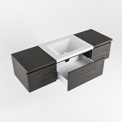 MONDIAZ BUKLA 140cm badmeubel met module 40 kleur Dark Brown met 3 lades. Wastafel CLOUD midden 0 kraangaten kleur Talc.