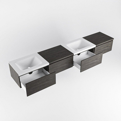 MONDIAZ BUKLA 240cm badmeubel met module 60 rechts kleur Dark Brown met 4 lades. Wastafel CLOUD dubbel 0 kraangaten kleur Talc.