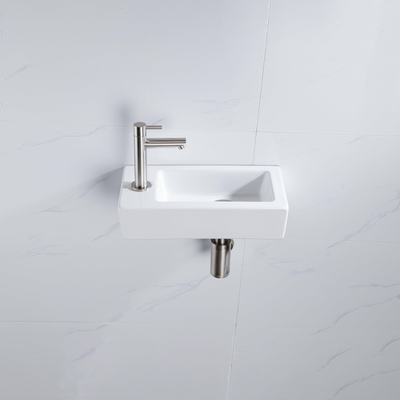 QeramiQ Fuente Fonteinset - 37.5x18.5x9cm - keramiek - kraangat links - fonteinkraan geborsteld RVS - afvoerplug - verlaagd sifon - Glans wit