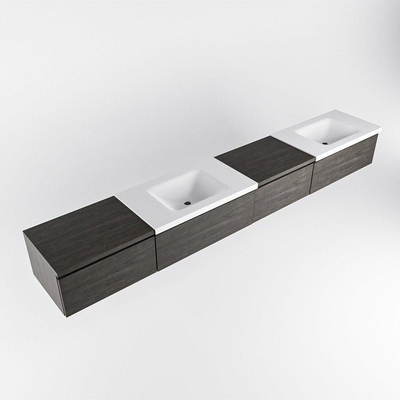 MONDIAZ BUKLA 280cm badmeubel met module 60 rechts kleur Dark Brown met 4 lades. Wastafel CLOUD dubbel 2 kraangaten kleur Talc.