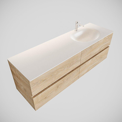 MONDIAZ VICA Badkamermeubelset - 150cm - 4 lades - wasbak Moon rechts - 1 kraangat - solid surface washed oak