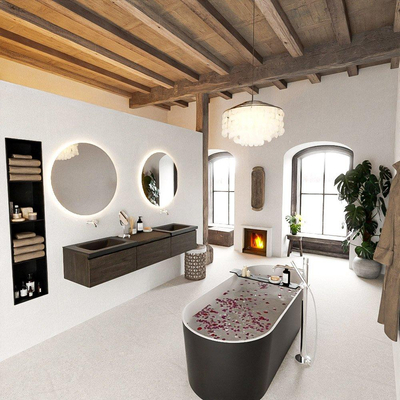 MONDIAZ BUKLA 180cm badmeubel met module 60 kleur Dark Brown met 3 lades. Wastafel CLOUD dubbel 0 kraangaten kleur Urban.