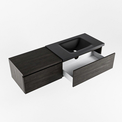 MONDIAZ BUKLA 140cm badmeubel met module 60 kleur Dark Brown met 2 lades. Wastafel CLOUD rechts 0 kraangaten kleur Urban.