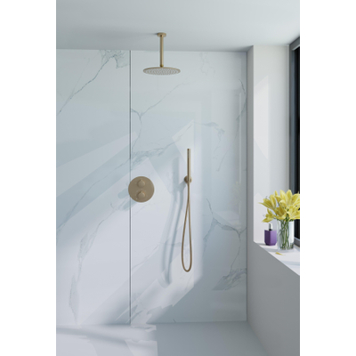 Fortifura Calvi Inbouw Regendoucheset - rond - thermostatisch - plafondarm - 25cm hoofddouche - staaf handdouche - Geborsteld Messing PVD (Goud)