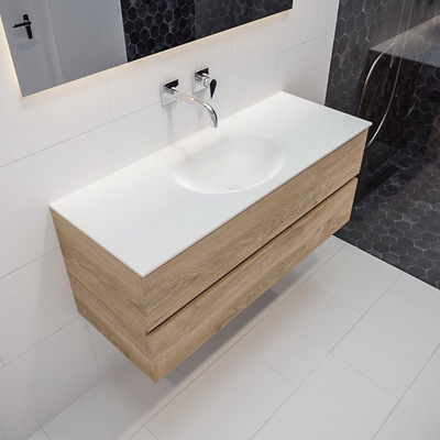 MONDIAZ VICA Badkamermeubelset - 120cm - 2 lades - wasbak Moon midden - 0 kraangaten - solid surface washed oak