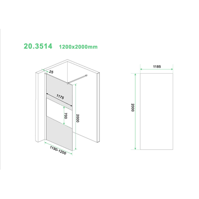 Wiesbaden Slim losse glaswand 120x200cm Gedeeltelijk mat Rookglas 8mm met anti-kalk coating zonder profiel en stabilisatiestang