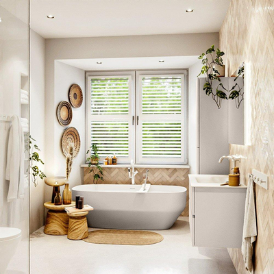 MONDIAZ VICA Badkamermeubelset - 90cm - onderkast linen- 2 lades - wastafel cloud midden - 1 kraangat - 60cm hoge versie - talc