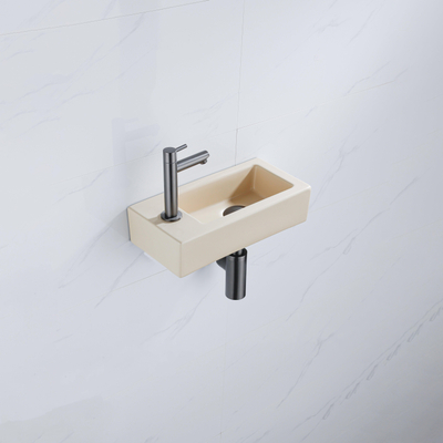 QeramiQ Fuente Fonteinset - 37.5x18.5x9cm - keramiek - kraangat links - fonteinkraan gunmetal - afvoerplug - verlaagd sifon - Mat Beige