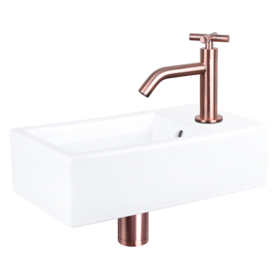 Differnz Force fonteinset - 40x22x11.5cm - Rechthoek - 1 kraangat - Gebogen rose koper kraan - kruisgreep - Keramiek Wit