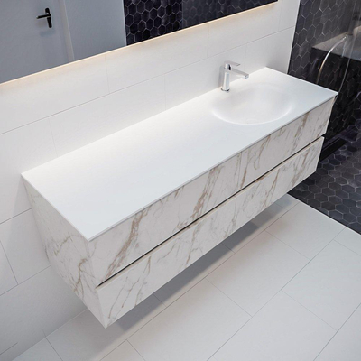 MONDIAZ VICA Badkamermeubelset - 150cm - 4 lades - wasbak Moon rechts - 1 kraangat - solid surface carrara marmer