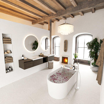 MONDIAZ BUKLA 200cm badmeubel met open module 40 rechts kleur Dark Brown met 3 lades. Wastafel CLOUD dubbel 0 kraangaten kleur Talc.