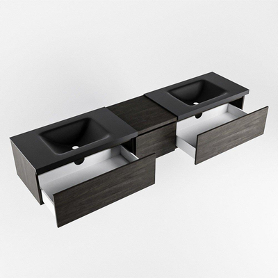 MONDIAZ BUKLA 200cm badmeubel met module 40 kleur Dark Brown met 3 lades. Wastafel CLOUD dubbel 2 kraangaten kleur Urban.