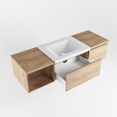 MONDIAZ BUKLA 140cm badmeubel met open module 40 links kleur Washed Oak met 2 lades. Wastafel CLOUD midden 1 kraangat kleur Talc.