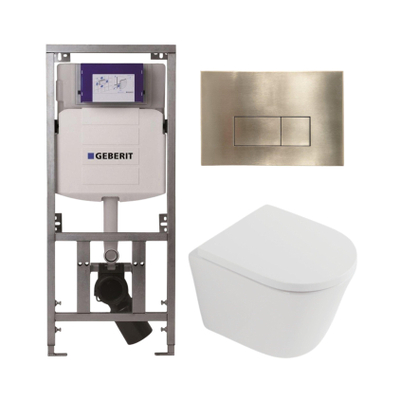 QeramiQ Dely Toiletset - 36.3x51.7cm - diepspoel - rimless - Geberit UP320 inbouwreservoir - softclose toilet zitting 35 mm - geborsteld messing bedieningsplaat - rechthoekige knoppen - mat wit