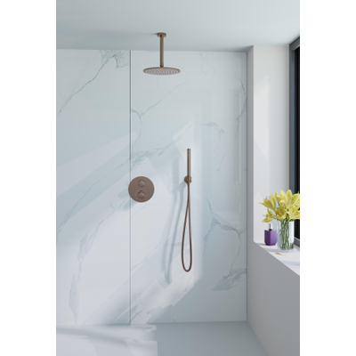 Fortifura Calvi inbouw Regendoucheset - rond - thermostatisch - plafondarm - 25cm hoofddouche - staaf handdouche - Geborsteld koper PVD (Koper)