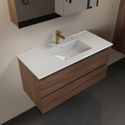 Mondiaz Aivy badmeubelset - 100x45x50cm - 1 kraangat - 1 wasbak talc Keramiek - Midden - 2 lades - Met spiegelkast - Melamine Mocha