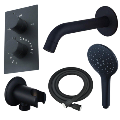 Fortifura Calvi Badkraan set - uitloop - 22cm inkortbaar - gladde slang - ronde handdouche - inbouwdeel - wandhouder - mat zwart