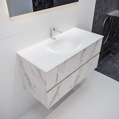 MONDIAZ VICA Badkamermeubelset - 100cm - 2 lades - wasbak Moon midden - 1 kraangat - solid surface carrara marmer