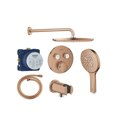 Grohe Grohtherm regendoucheset inbouw - hoofddouche rond - handdouche rond - gebogen wandarm - warm sunset geborsteld