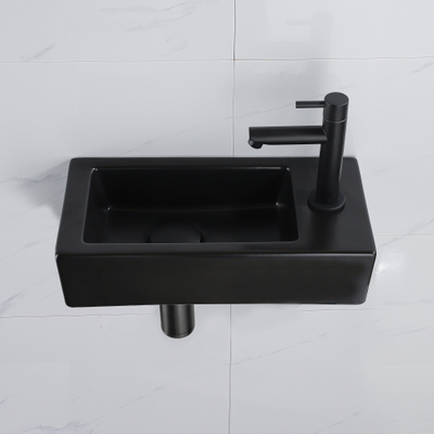 QeramiQ Fuente Fonteinset - 37.5x18.5x9cm - keramiek - kraangat rechts - fonteinkraan zwart mat - afvoerplug - verlaagd sifon - Mat Zwart