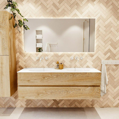 MONDIAZ VICA 150cm badmeubel onderkast Washed Oak 2 lades. Wastafel MOON dubbel zonder kraangat, kleur Talc.