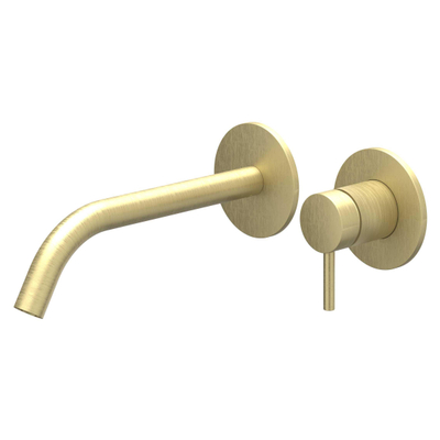 IVY Bond Wastafelmengkraan - 2-gats - met inbouwdeel - wandmontage - gebogen uitloop - coldstart - Geborsteld mat goud PVD