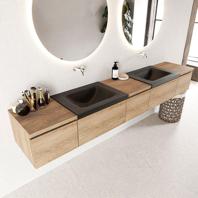 Mondiaz BUKLA Badkamermeubelset - 240x45x34cm - 0 kraangaten - 2 wasbakken solid surface - Urban - greeploos - 5 lades - Melamine - Washed Oak