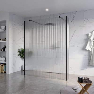 FugaFlow Eccelente Vetro Vrijstaande inloopdouche badkamer - 160x200cm - Helder geribbeld - antikalk - 8mm veiligheidsglas - 2 zijwanden 40cm - met wandarmen en hoekprofielen - Zwart mat -