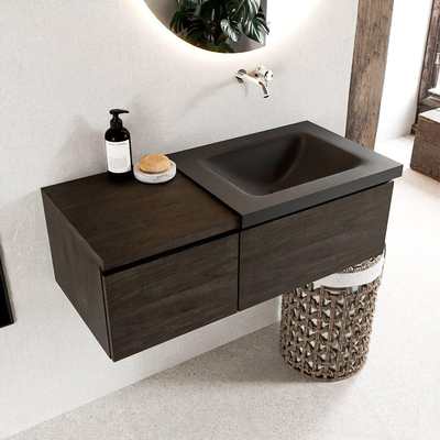 MONDIAZ BUKLA 100cm badmeubel met module 40 kleur Dark Brown met 2 lades. Wastafel CLOUD rechts 0 kraangaten kleur Urban.
