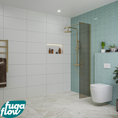 FugaFlow Eccelente Vetro inloopdouche badkamer - 40x200cm - rookglas - wandarm - geborsteld messing