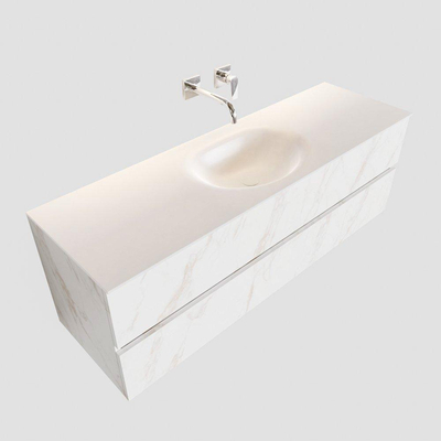 MONDIAZ VICA Badkamermeubelset - 150cm - 2 lades - wasbak Moon midden - 0 kraangaten - solid surface carrara marmer