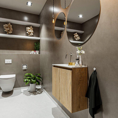 MONDIAZ TURE Fonteinset - 60x23x50cm - 0 kraangaten - 2 deuren - washed oak mat - Wasbak links - Solid Surface Wit