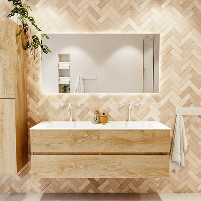 MONDIAZ VICA Badkamermeubelset - 140cm - onderkast washed oak - 4 lades - wastafel cloud dubbel - 2 kraangaten - 60cm hoge versie - talc