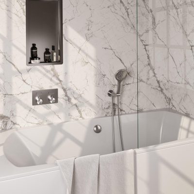 BRAUER Brushed Edition thermostatische inbouw badkraan - drukknoppen SET 04 - badvulcombinatie - 3 standen handdouche - doucheslang - wandaansluitbocht - RVS geborsteld PVD