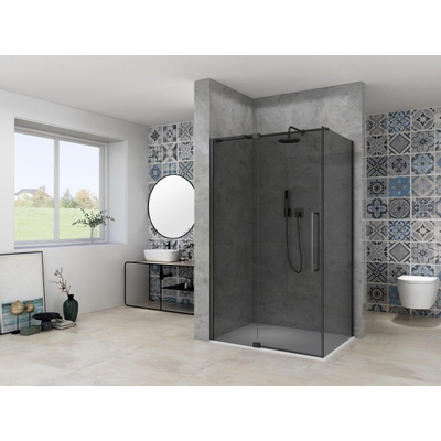 Van Rijn Products ST08 Vaste wand 985-1005 x 2000mm 8 mm Grijs rookglas incl. Glasbehandeling Zwart muurprofiel