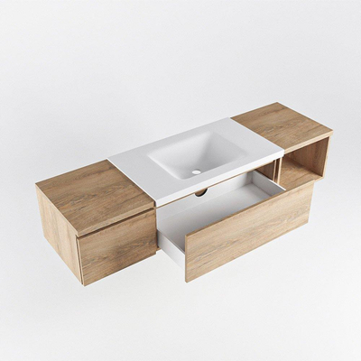 MONDIAZ BUKLA 160cm badmeubel met open module 40 rechts kleur Washed Oak met 2 lades. Wastafel CLOUD midden 0 kraangaten kleur Talc.