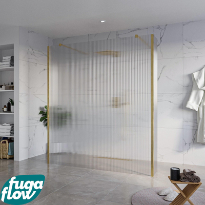 FugaFlow Eccelente Vetro Vrijstaande inloopdouche badkamer - 180x200cm - Helder geribbeld - antikalk - 8mm veiligheidsglas - 2 zijwanden 40cm - met wandarmen en hoekprofielen - Messing geborsteld (goud) -