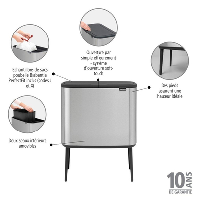 Brabantia Bo Touch Bin Afvalemmer - 11+23 liter - 2 kunststof binnenemmers - matt steel fingerprint proof