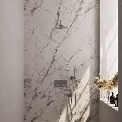 BRAUER Brushed Edition Thermostatische Regendouche inbouw - drukknoppen - SET 51 - 20cm hoofddouche - gebogen muurarm - staaf handdouche - doucheslang - wandaansluitbocht - RVS geborsteld PVD