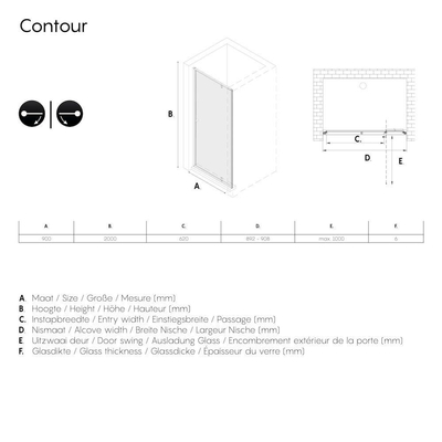 Sealskin Contour draaideur voor nis 90 cm, 200 cm hoog, zwart, 6 mm helder veiligheidsglas